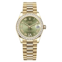 Cópia Rolex Datejust 31 Ouro Amarelo Oliva Verde Pave Roman Diamond Dial Diamond Bezel Relógio Feminino M278288RBR-0024