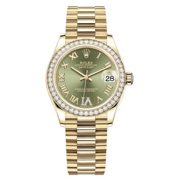 Cópia Rolex Datejust 31 Ouro Amarelo Oliva Verde Pave Roman Diamond Dial Diamond Bezel Relógio Feminino M278288RBR-0024