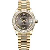 Falso Rolex Datejust 31 Ouro Amarelo Cinza Escuro Pave Roman Diamond Dial Diamond Bezel Relógio Feminino M278288RBR-0026