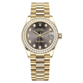 Réplica Rolex Datejust 31 ouro amarelo cinza escuro mostrador de diamante moldura de diamante relógio feminino M278288RBR-0030