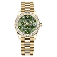 Falso Rolex Datejust 31 Ouro Amarelo Oliva Verde Floral-Motivo Diamante Mostrador Diamante Moldura Relógio Feminino M278288RBR-0038