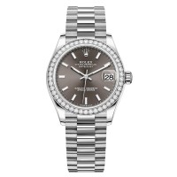 Cópia Rolex Datejust 31 ouro branco mostrador cinza escuro moldura de diamante relógio feminino M278289RBR-0014