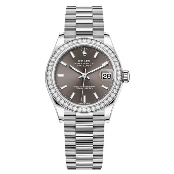 Cópia Rolex Datejust 31 ouro branco mostrador cinza escuro moldura de diamante relógio feminino M278289RBR-0014