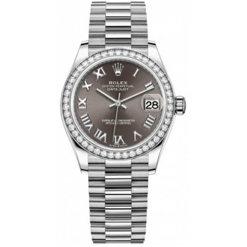 Réplica Rolex Datejust 31 ouro branco cinza escuro mostrador romano moldura de diamante relógio feminino M278289RBR-0017