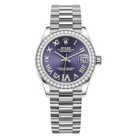 Cópia Rolex Datejust 31 Ouro Branco Aubergine Diamond Pave Roman Dial Diamond Bezel Relógio Feminino M278289RBR-0019