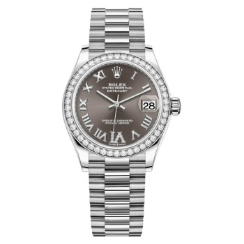 Falso Rolex Datejust 31 ouro branco cinza escuro diamante pavimentado mostrador romano moldura de diamante relógio feminino M278289RBR-0020