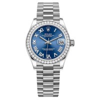 Réplica Rolex Datejust 31 ouro branco azul mostrador romano moldura de diamante relógio feminino M278289RBR-0023