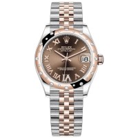 Réplica Rolex Datejust 31 em aço inoxidável e ouro rosa chocolate pave mostrador romano com moldura de diamante cúpula relógio feminino M278341RBR-0004