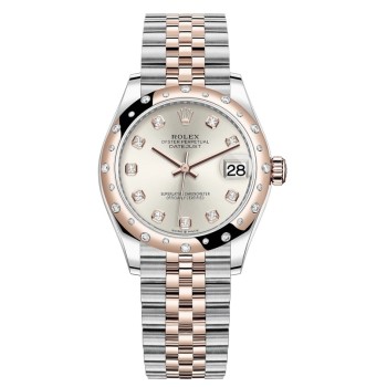 Falso Rolex Datejust 31 em aço inoxidável e ouro rosa prata diamante mostrador abobadado moldura de diamante relógio feminino M278341RBR-0016