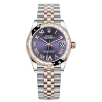 Cópia Rolex Datejust 31 em aço inoxidável e ouro rosa berinjela pave mostrador romano com cúpula de diamante relógio feminino M278341RBR-0020