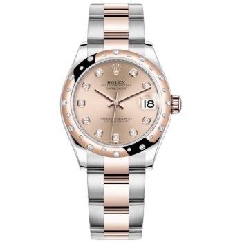 Falso Rolex Datejust 31 em aço inoxidável e ouro rosa com mostrador de diamante rosa e moldura de diamante relógio feminino M278341RBR-0023