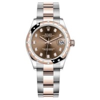 Cópia Rolex Datejust 31 em aço inoxidável e ouro rosa chocolate diamante mostrador abobadado com moldura de diamante relógio feminino M278341RBR-0027