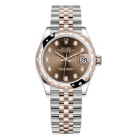 Falso Rolex Datejust 31 em aço inoxidável e ouro rosa chocolate diamante mostrador abobadado moldura de diamante relógio feminino M278341RBR-0028