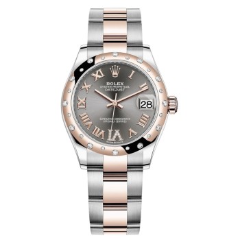 Falso Rolex Datejust 31 em aço inoxidável e ouro rosa ardósia pavimentada mostrador romano com moldura de diamante cúpula relógio feminino M278341RBR-0029