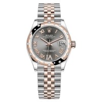 Réplica Rolex Datejust 31 em aço inoxidável e ouro rosa ardósia pavimentada com mostrador romano com moldura de diamante cúpula relógio feminino M278341RBR-0030