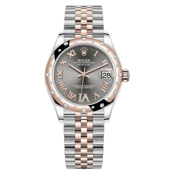 Réplica Rolex Datejust 31 em aço inoxidável e ouro rosa ardósia pavimentada com mostrador romano com moldura de diamante cúpula relógio feminino M278341RBR-0030