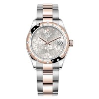 Relógio feminino Rolex Datejust 31 falso em aço inoxidável e ouro rosa prata com motivo floral e mostrador de diamante com moldura de diamante abobadada M278341RBR-0031