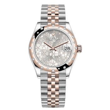 Réplica Rolex Datejust 31 em aço inoxidável e ouro rosa prata com motivo floral e mostrador de diamante com moldura de diamante abobadada relógio feminino M278341RBR-0032