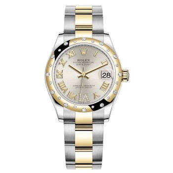 Cópia Rolex Datejust 31 em aço inoxidável e ouro amarelo prata pave mostrador romano com cúpula de diamante relógio feminino M278343RBR-0003