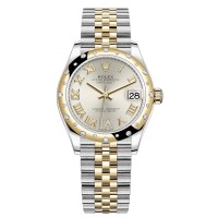 Falso Rolex Datejust 31 em aço inoxidável e ouro amarelo prata pave mostrador romano com cúpula de diamante relógio feminino M278343RBR-0004