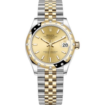 Réplica Rolex Datejust 31 em aço inoxidável e ouro amarelo champanhe com mostrador abobadado e moldura de diamante relógio feminino M278343RBR-0014