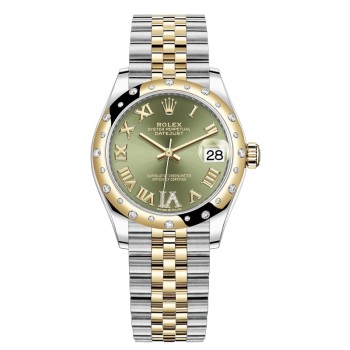 Falso Rolex Datejust 31 em aço inoxidável e ouro amarelo oliva verde pavimentado mostrador romano com moldura de diamante cúpula relógio feminino M278343RBR-0016