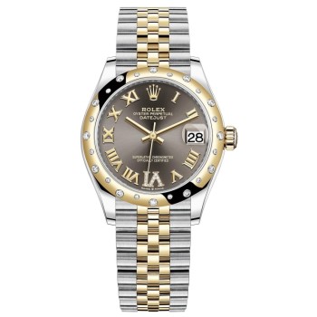 Falso Rolex Datejust 31 em aço inoxidável e ouro amarelo cinza escuro pavimentado mostrador romano com moldura de diamante abobadado relógio feminino M278343RBR-0018