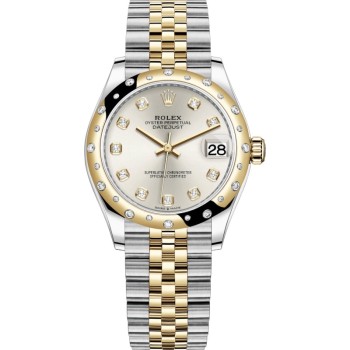 Réplica Rolex Datejust 31 em aço inoxidável e ouro amarelo prata diamante mostrador abobadado moldura de diamante relógio feminino M278343RBR-0020