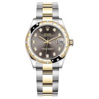 Cópia Rolex Datejust 31 em aço inoxidável e ouro amarelo cinza escuro mostrador de diamante com moldura de diamante abobadada relógio feminino M278343RBR-0021