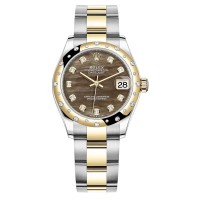 Relógio feminino Rolex Datejust 31 falso em aço inoxidável e ouro amarelo preto madrepérola com mostrador de diamante e moldura de diamante M278343RBR-0023