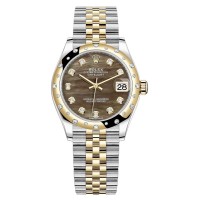 Réplica Rolex Datejust 31 em aço inoxidável e ouro amarelo preto madrepérola mostrador de diamante abobadado moldura de diamante relógio feminino M278343RBR-0024