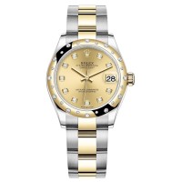 Falso Rolex Datejust 31 em aço inoxidável e ouro amarelo champanhe diamante mostrador abobadado moldura de diamante relógio feminino M278343RBR-0025