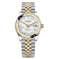 Cópia Rolex Datejust 31 em aço inoxidável e ouro amarelo madrepérola mostrador de diamante com moldura de diamante abobadada relógio feminino M278343RBR-0028