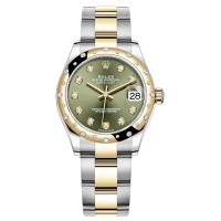 Réplica Rolex Datejust 31 em aço inoxidável e ouro amarelo oliva verde diamante mostrador abobadado moldura de diamante relógio feminino M278343RBR-0029