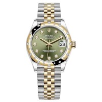 Cópia Rolex Datejust 31 em aço inoxidável e ouro amarelo oliva verde diamante mostrador abobadado com moldura de diamante relógio feminino M278343RBR-0030