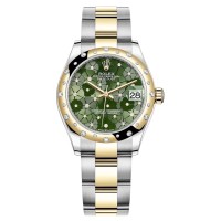 Relógio feminino Rolex Datejust 31 falso em aço inoxidável e ouro amarelo verde oliva com motivo floral e mostrador de diamante com moldura de diamante abobadada M278343RBR-0031