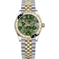 Réplica Rolex Datejust 31 em aço inoxidável e ouro amarelo verde oliva com motivo floral e mostrador de diamante com moldura de diamante abobadada relógio feminino M278343RBR-0032