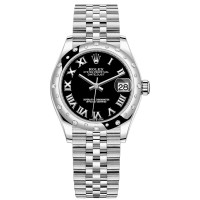 Réplica Rolex Datejust 31 em aço inoxidável e ouro branco preto mostrador romano com moldura de diamante cúpula relógio feminino M278344RBR-0002