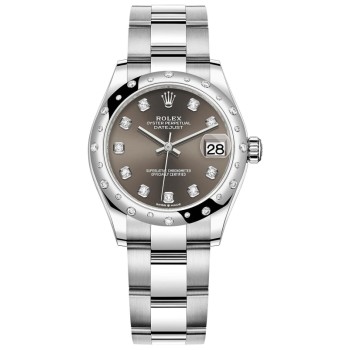 Relógio feminino Rolex Datejust 31 falso em aço inoxidável e ouro branco cinza escuro com mostrador de diamante abobadado com moldura de diamante M278344RBR-0007