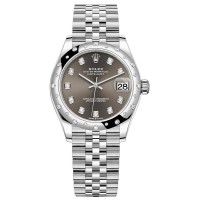 Réplica Rolex Datejust 31 em aço inoxidável e ouro branco cinza escuro com mostrador de diamante abobadado com moldura de diamante relógio feminino M278344RBR-0008