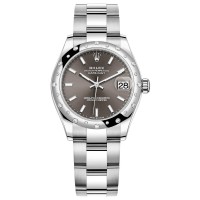 Cópia Rolex Datejust 31 em aço inoxidável e ouro branco mostrador cinza escuro com moldura de diamante abobadada relógio feminino M278344RBR-0017