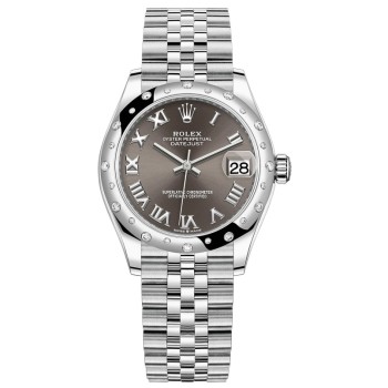 Réplica Rolex Datejust 31 em aço inoxidável e ouro branco cinza escuro mostrador romano com moldura de diamante cúpula relógio feminino M278344RBR-0024