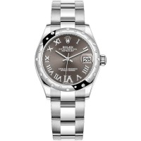 Falso Rolex Datejust 31 em aço inoxidável e ouro branco cinza escuro pavimentado mostrador romano com moldura de diamante cúpula relógio feminino M278344RBR-0029