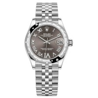 Réplica Rolex Datejust 31 em aço inoxidável e ouro branco cinza escuro pavimentado mostrador romano com moldura de diamante cúpula relógio feminino M278344RBR-0030