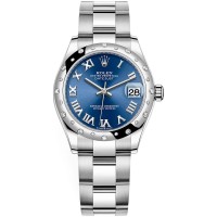 Réplica Rolex Datejust 31 em aço inoxidável e ouro branco azul mostrador romano com moldura de diamante cúpula relógio feminino M278344rbr-0035