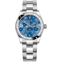 Réplica Rolex Datejust 31 em aço inoxidável e ouro branco Azzurro-azul-floral-motivo diamante mostrador abobadado com moldura de diamante relógio feminino M278344RBR-0037