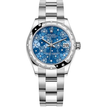 Réplica Rolex Datejust 31 em aço inoxidável e ouro branco Azzurro-azul-floral-motivo diamante mostrador abobadado com moldura de diamante relógio feminino M278344RBR-0037