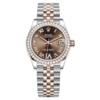 Falso Rolex Datejust 31 aço inoxidável e ouro rosa chocolate pave mostrador romano moldura de diamante relógio feminino M278381RBR-0006