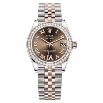 Falso Rolex Datejust 31 aço inoxidável e ouro rosa chocolate pave mostrador romano moldura de diamante relógio feminino M278381RBR-0006