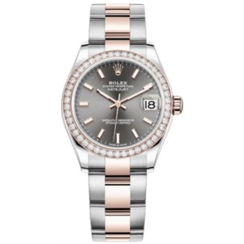 Réplica Rolex Datejust 31 em aço inoxidável e ouro rosa com mostrador em ardósia e moldura de diamante relógio feminino M278381RBR-0017